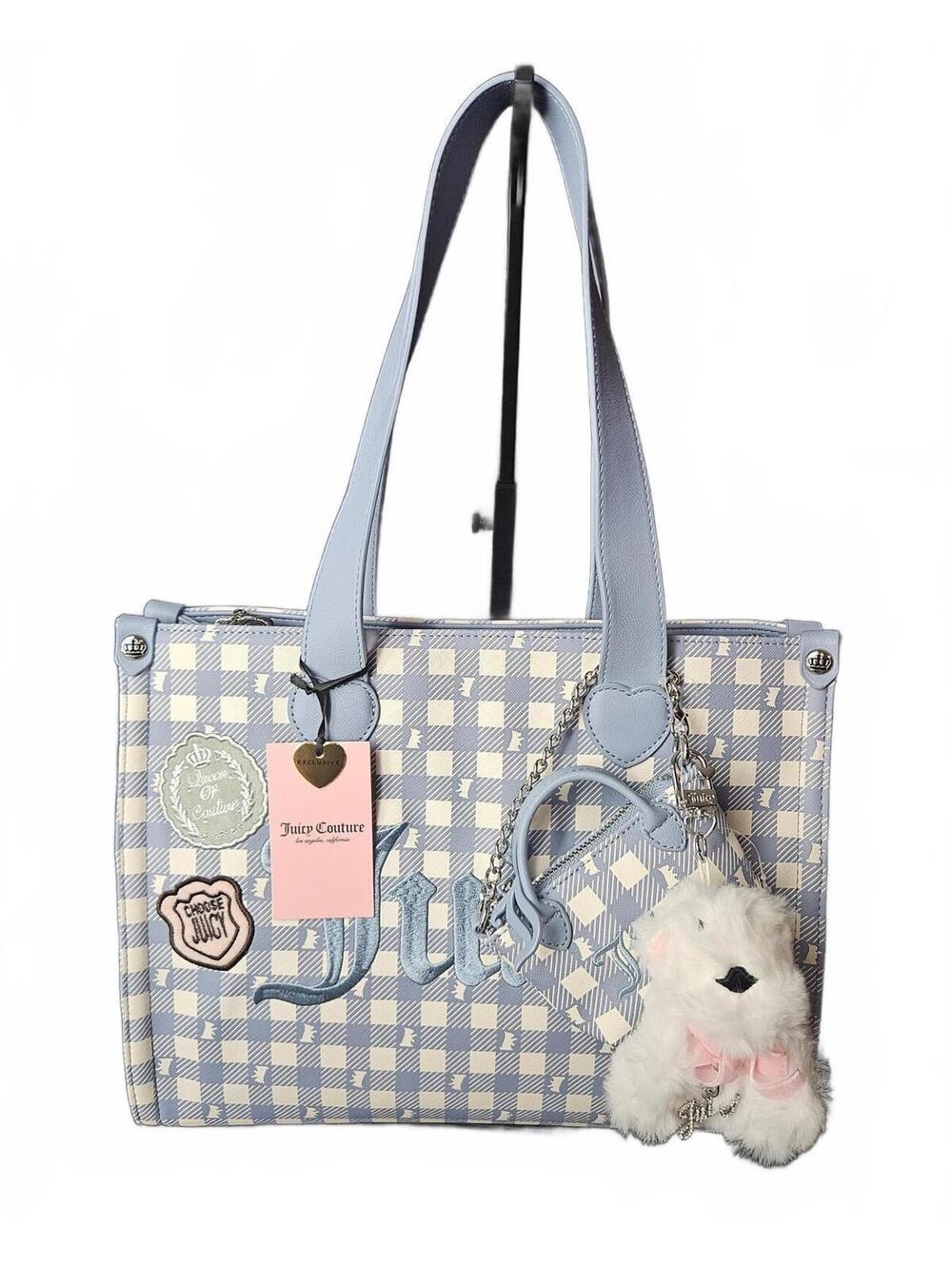 Juicy Couture Study In Style w Scottie Plaid Large Tote Dusty Blue NWT